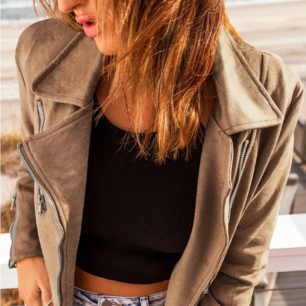 women faux suede women jacket zip long sleeve blazer